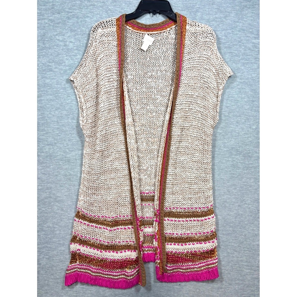 Chico's Long Line Sleeveless Cardigan Sweater Open Tan Brown Metallic Sz 3 Large